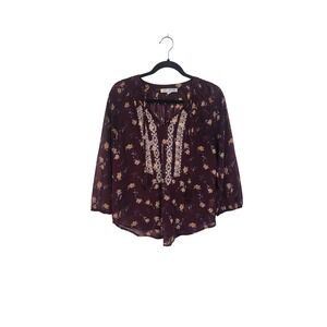 Jolt Womens Burgundy‎ Floral Embroidered Boho Peasant Blouse Tassel Tie Size M